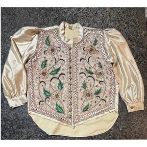 Vintage Embroidered Mirror Work Satin Blouse Champagne Gold Crest Button Top